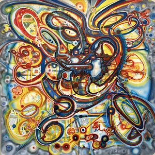 Coyote Nebula, 2020, Ink, pigments, wood stain, airbrush on paper, 55 x 55 inches