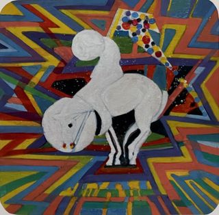 The Last SpaceRider, 2023, Ink, pigments, wood stain on paper, 7.5 x 7.5 inches