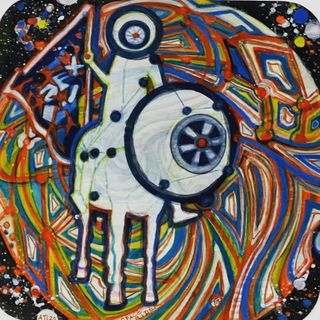 SpaceRider Energy, 2023, Ink, pigments, wood stain on paper, 7.5 x 7.5 inches