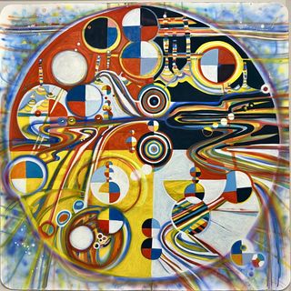 Otherworlds, 2023, Ink, pigments, wood stain, airbrush on paper, 55 x 55 inches