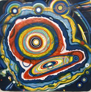 Oysterworld, 2022, Ink, pigments, wood stain, airbrush on paper, 55 x 55 inches