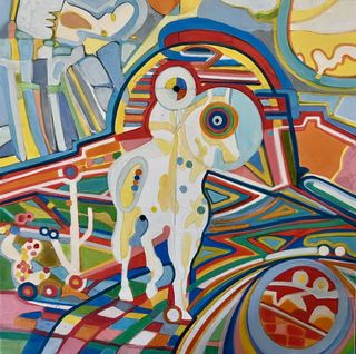 Serra Colorado SpaceRider, 2025, Ink, pigments, acrylic on wood board, 12 x 12 inches