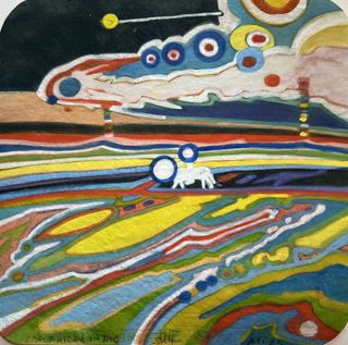 SpaceRider In The Sky 2025, 2025, Ink, wood stain, pigments, on paper, 7 1/2 x 7 1/2 inches