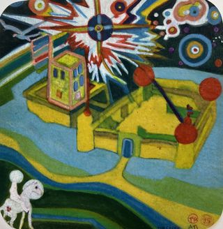 The Castle 2025, 2025, Ink, wood stain, pigments, on paper, 7 1/2 x 7 1/2 inches