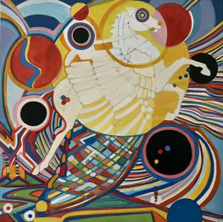 The SpaceRider Wind Horse, 2025, Ink, pigments, acrylic on wood board, 12 x 12 inches