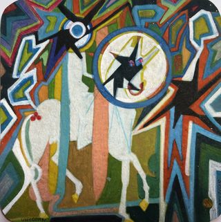 Unicorn, 2025, Ink, wood stain, pigments, on paper, 7 1/2 x 7 1/2 inches